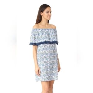 Riberta Roller Rabbit Priya Saloni Off-the-Shoulder Blue & Yellow Dress - Size M
